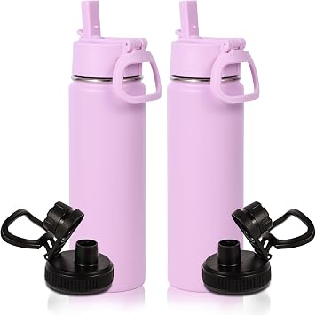 Volhoply 20oz Insulated Stainless Steel Water Bottle With Straw Lid Bulk 2 Pack,Kids Double Wall Vacuum Cups With Handle,Reusable Outdoor Sports Metal Bottles,Travel Flask Keep Cold&HotPurple,2