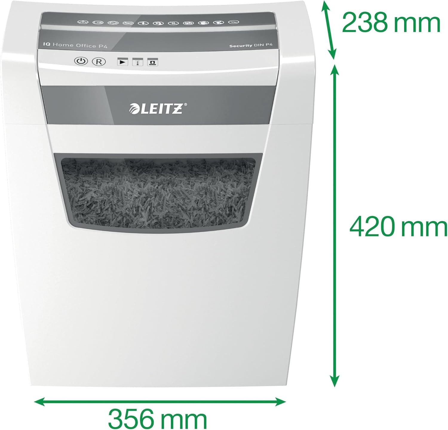 Dimensions of the Leitz IQ Home Office P4 Paper Shredder.