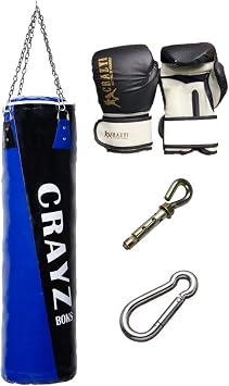 Crayz Boxing Sandbag Boxing Gloves Set Medium Size 100X30 Hanger Apparatus Blue Black