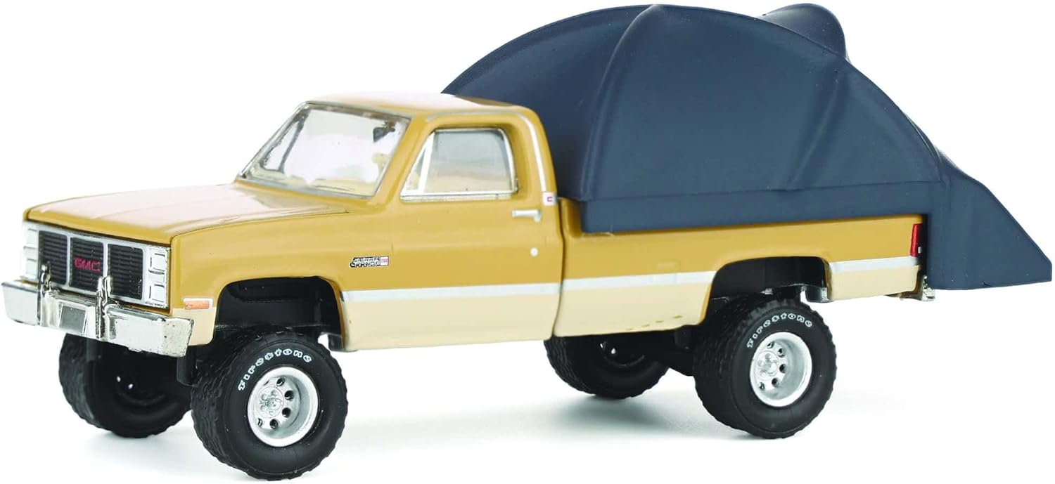 Greenlight 1/64 1986 GMC Sierra Lifted, Desert Sand & Doeskin Tan with Modern Truck Bed Tent, The Great Outdoors Series 4 38080-B