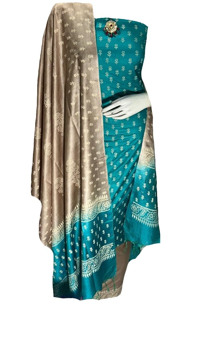 Katan Slub Silk Unstitched Salwar Suit Dress Material for Women & Girls with Dupatta | Hand Block Khari Print | Top-2.5M, Bottom-2.5M, Dupatta-2.4M | Ethnic Wear | Rama Green & Gold-image-24