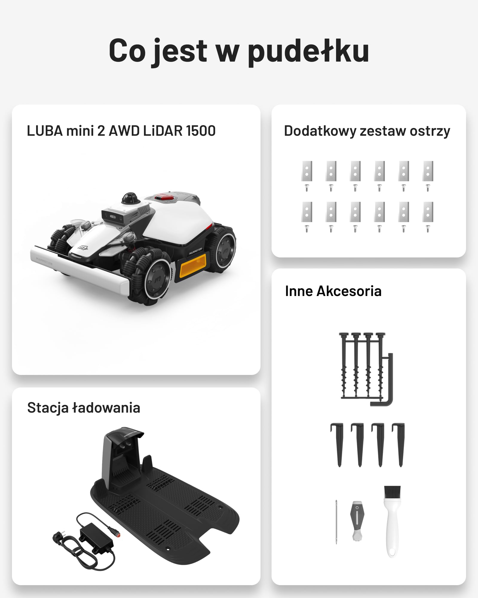 MAMMOTION LUBA mini 2 AWD 1500 Robot Koszący bez Przewodu Obwodowego, z Systemem LiDAR 360° i Podwójną Kamerą AI Vision, Podwójnymi Tarczami Tnącymi z Auto Regulacją Wysokości