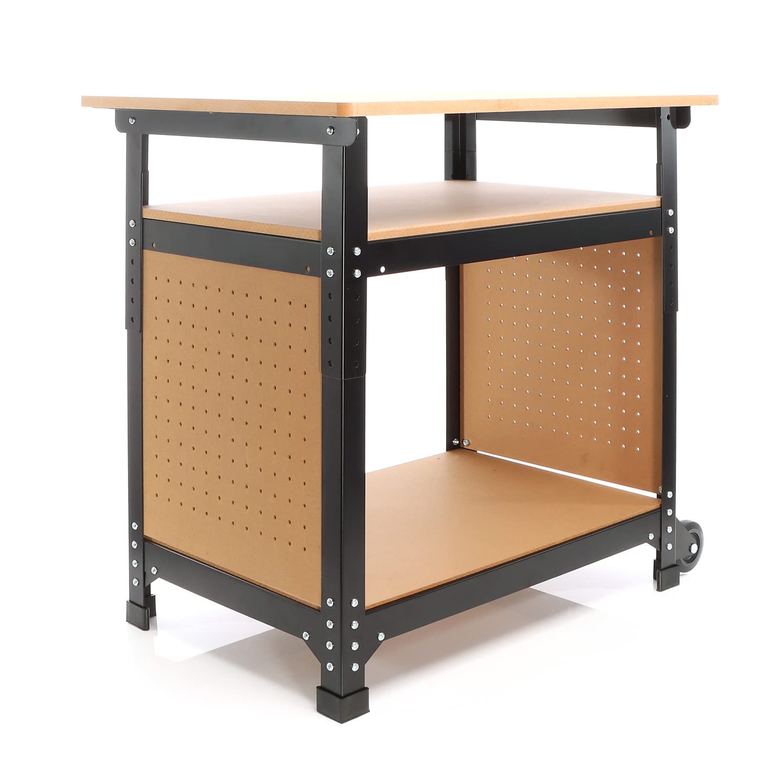 XPOtool Banco de Trabajo 68x50x66-82 cm Ajustable en Altura 2 Ruedas y 2 estantes móvil Bricolaje
