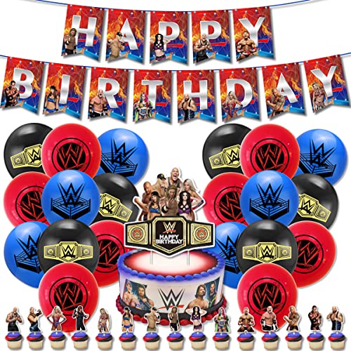 JUUFLA WWE Party Supplies Birthday, WWE Birthday Party Decorations Kit Wrestling Party Supplies, Include WWE Happy Birthday Banner, 16 Cake Cupcake Toppers, 20 Balloons, WWE Party Decor for Adult Kids