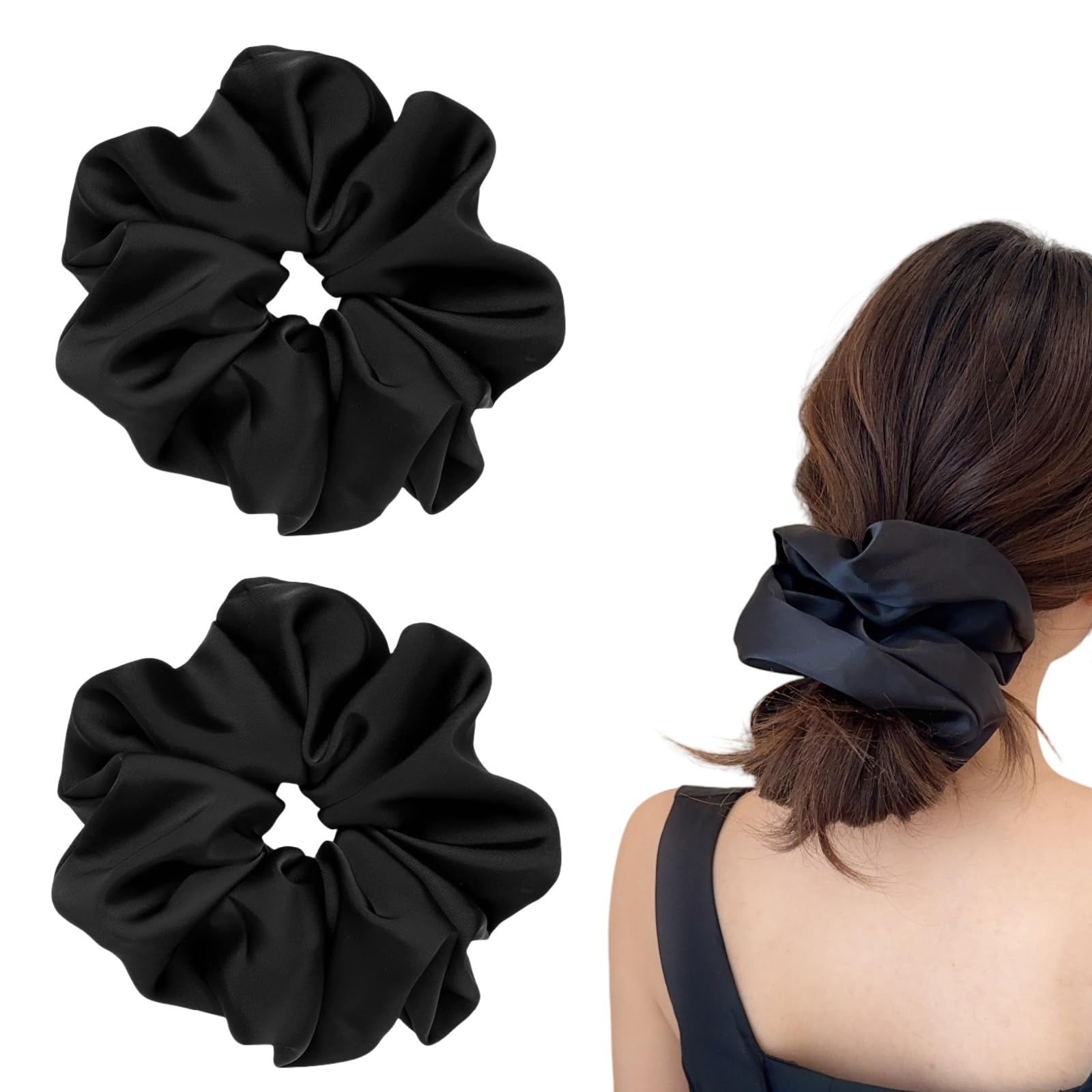 2 coleteros jumbo de seda satinada para mujer de 7.5 pulgadas, grandes de gran tamaño para lazos gruesos para el cabello, adorno para el cabello (2 negros)