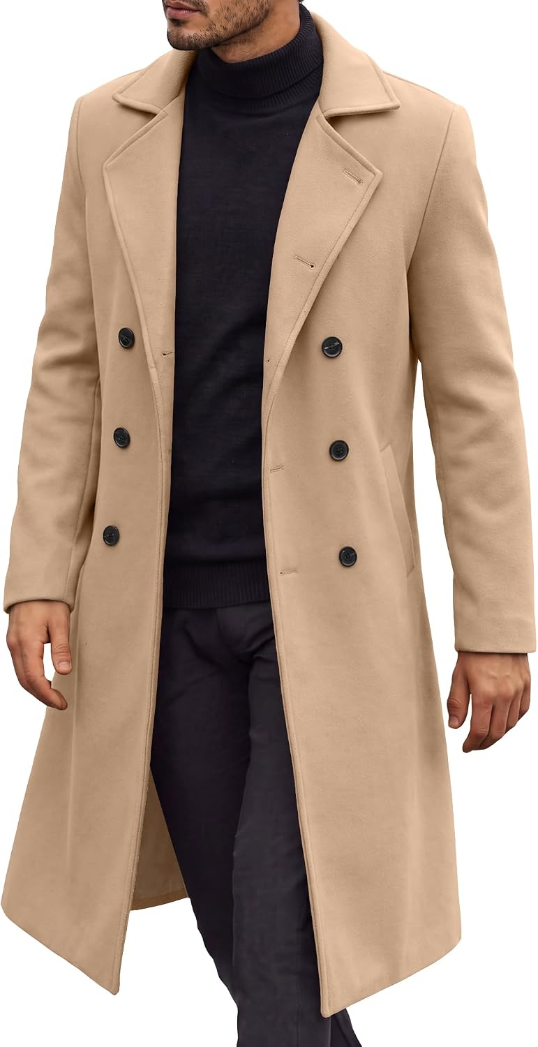 COOFANDY Mens Double Breasted Trench Coat Long Pea Coat Winter Overcoat