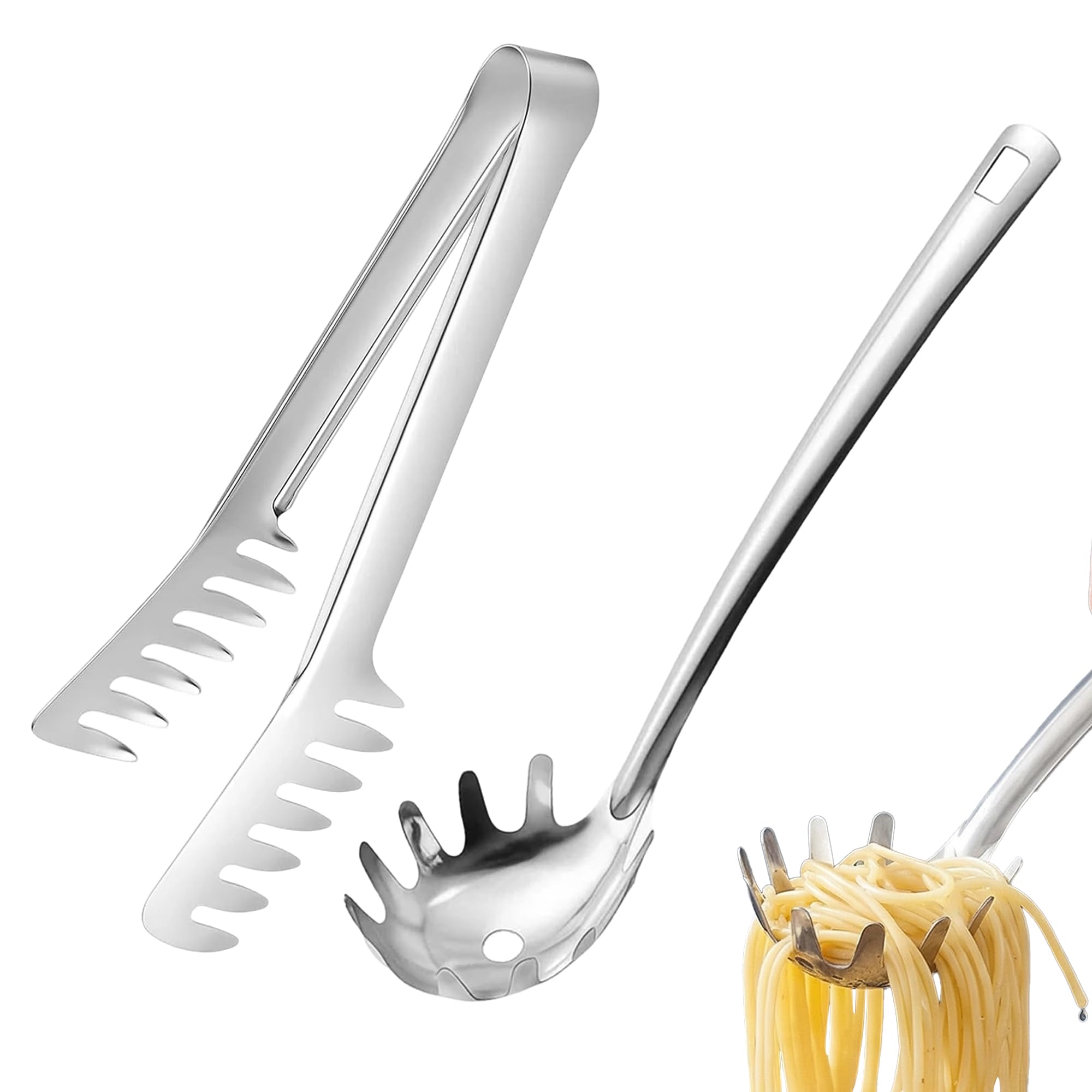 Yootiko Juego de 2 cubiertos para pasta de acero inoxidable, pinzas para pasta y cuchara, utensilios de cocina ergonómicos, inoxidables y duraderos, para pasta, ensaladas y verduras