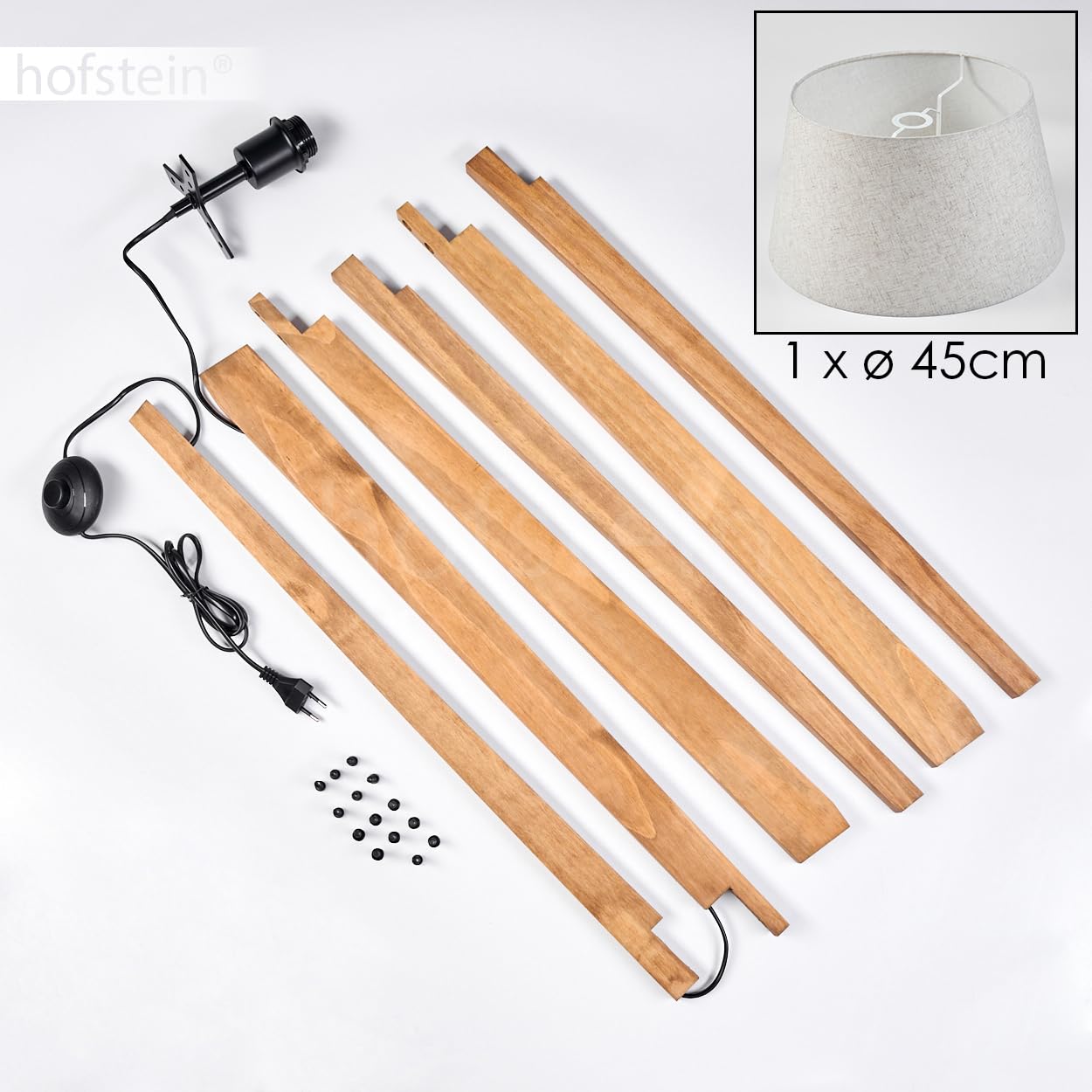 Lampada da terra Bassagoda, lampada da terra in legno/metallo/tessuto colori naturali/nero/beige, design scandinavo con paralume rotondo (Ø 45 cm) e interruttore a pedale, 159 cm, E27, senza lampadina