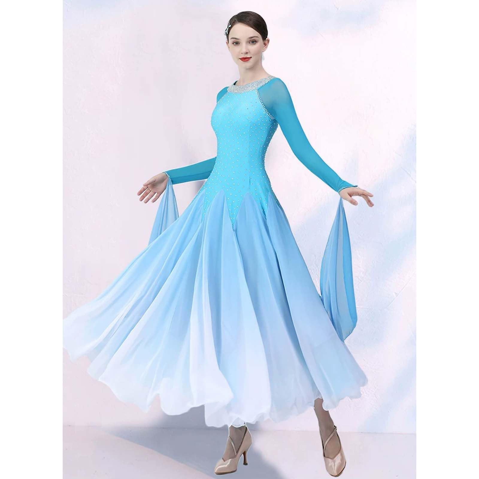 purpleq Professionelles Standard Tanzkleid für Turniere, Elegantes Walzer Kleid mit Strass, Langarm Performance Kleid, Hochwertiges Tanzsport Outfit mit Farbverlauf