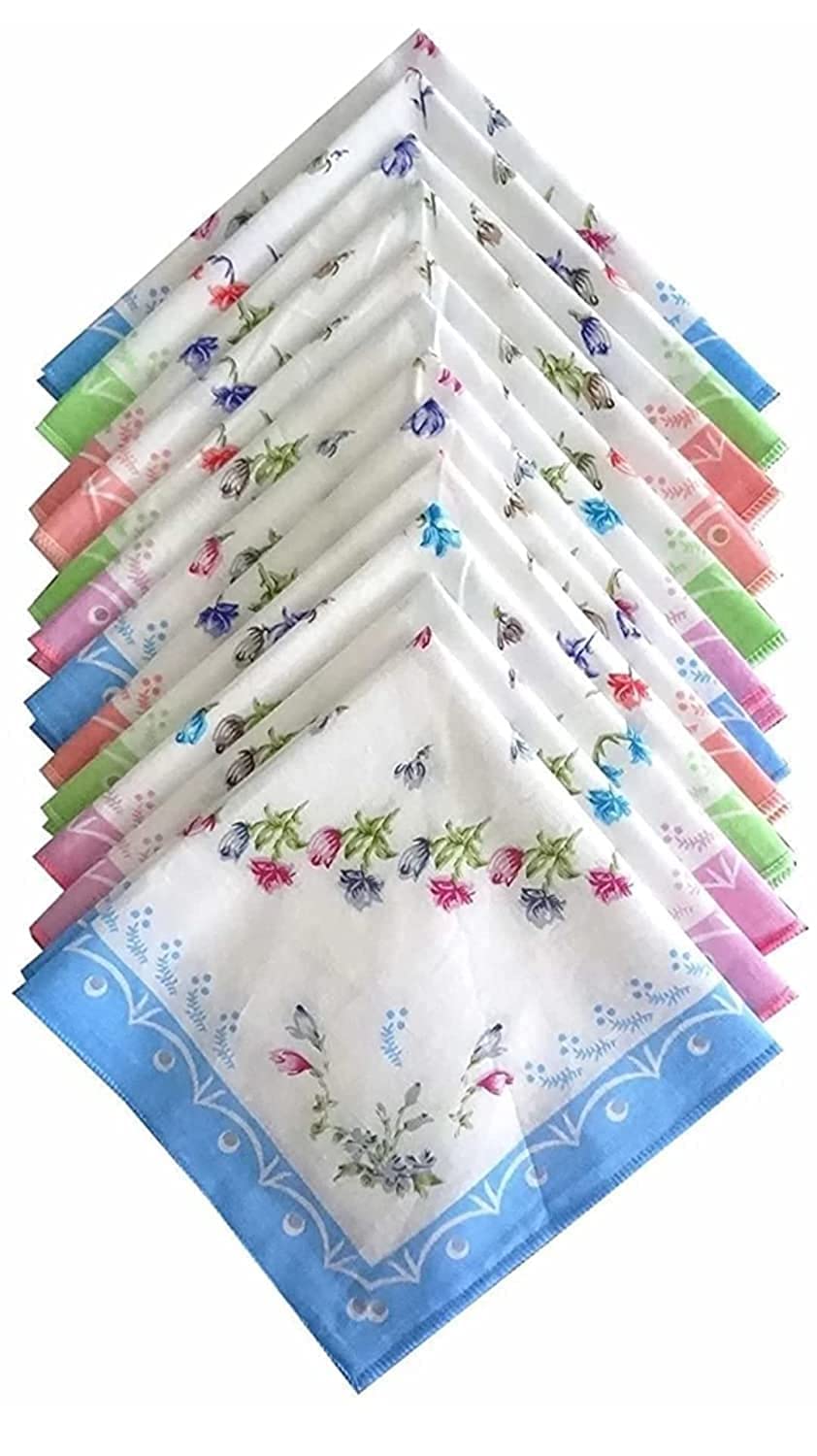 ILTPL - (Pack of 12) Womens,Ladies,Kids Handkerchief, Rumal, Hanky, Hankies, 100% Cotton Premium Collection Handkerchiefs, Soft Cotton Hand Kerchiefs, Handkerchiefs for Women,Ladies,Kids