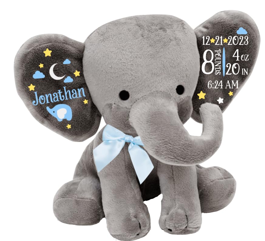 Moon and Stars - Birth Stats Keepsake Elephant - Perfect for a Newborn Baby Gift, an upcoming Child's birthday or a baby shower! Personalized Stuffed Elephant