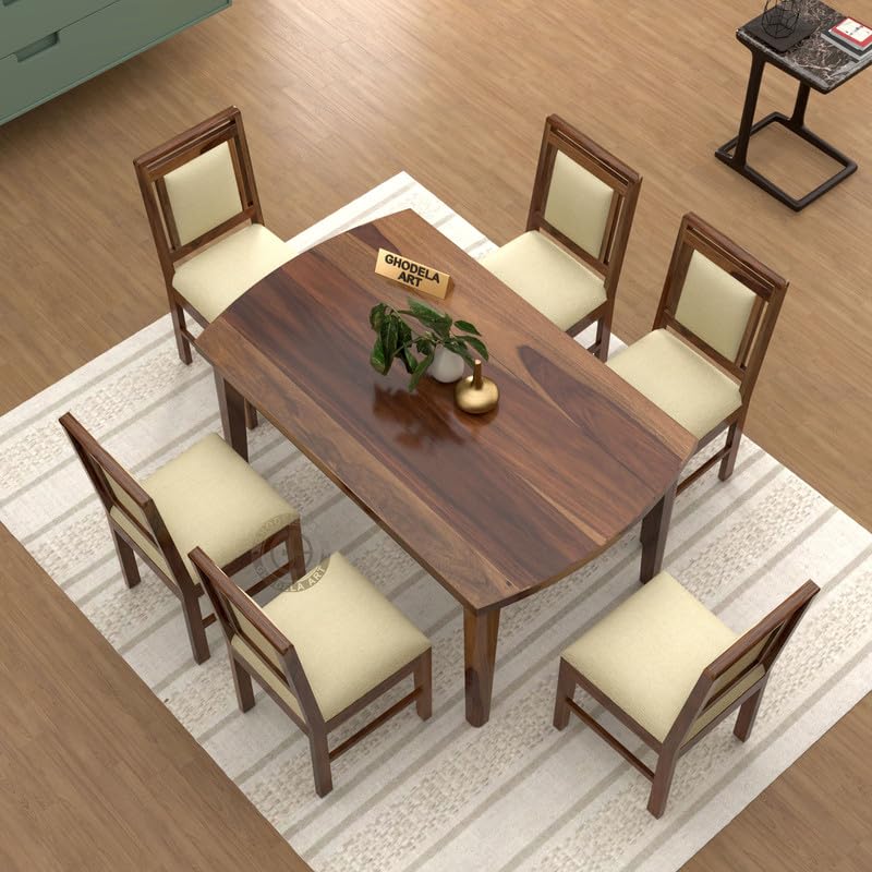 Image of Sheesham Wood Oval Dining Table with Cushion Chairs Set for Home Hall | Solid Wood Dinner Table with Chairs for Hotels | Dining Room Sets (Natural Finish, 6 Seater)