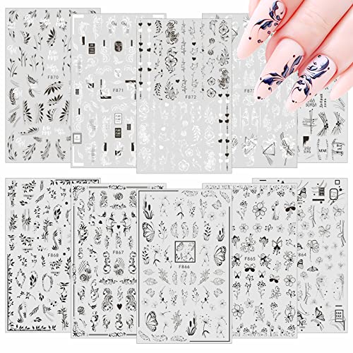 MXTIMWAN 10 Blatt Nagelsticker, Nagelsticker Selbstklebend, Weiß Schwarz Blumen Nail Art Sticker, Nagelaufkleber für Frauen, Mädchen, Nagelzubehör, Festival Geschenk