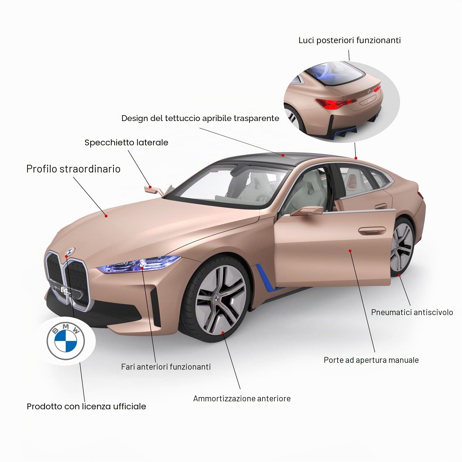 RASTAR BMW i4 Telecomandata, 1/14 Concept RC Auto Giocattolo Dorato, Modello Pressofuso per Bambini, Ragazzi e Adulti