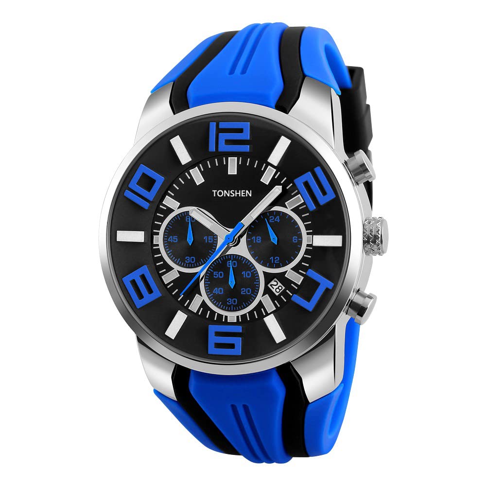 TONSHEN Hommes Montre Bracelet Acier Inoxydable Sport Mode Classique Analogique Montres Hommes Grand Numérique Affichage Doux Caoutchouc Bande Double Temps Robe Montre Sub Dial Chronomètre