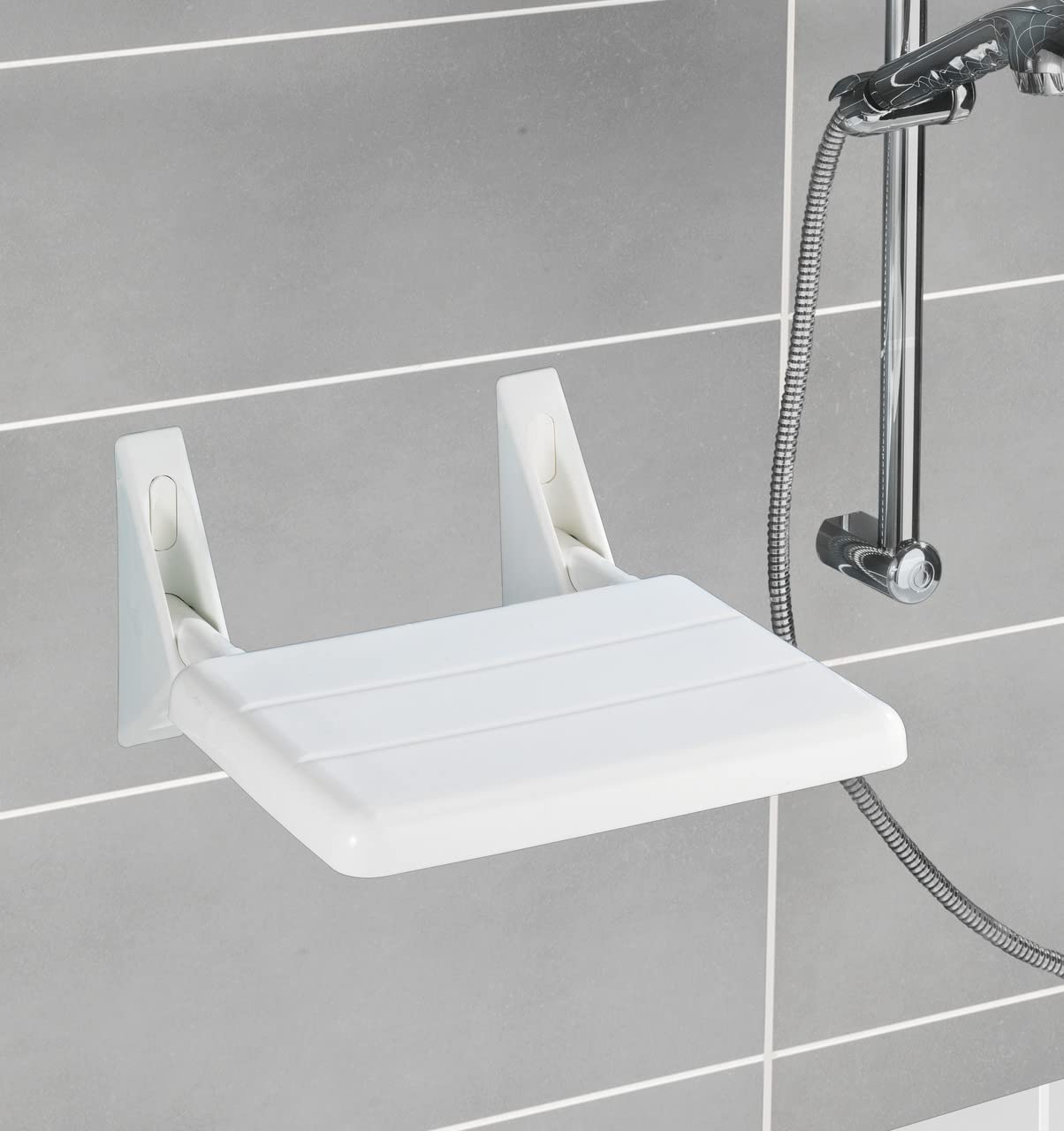 WENKO Asiento plegable de ducha Secura - Asiento de ducha abatible, capacidad de carga de 120 kg, Plástico (ABS), 35 x 19 x 36 cm, Blanco