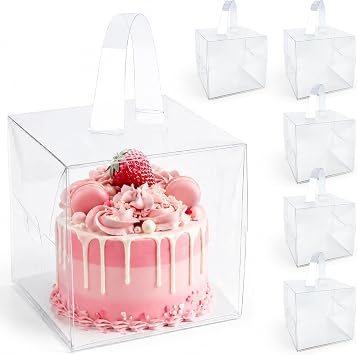 RAINFLOW 6PCS Clear Cake Boxes with Handle - 6x6x5 Inch Gift Treat Boxes | Mini Transparent Treat Boxes with Boards for Cake, Donuts, Pastries & Cookies, Great for Wedding, Birthday, Christmas & Party
