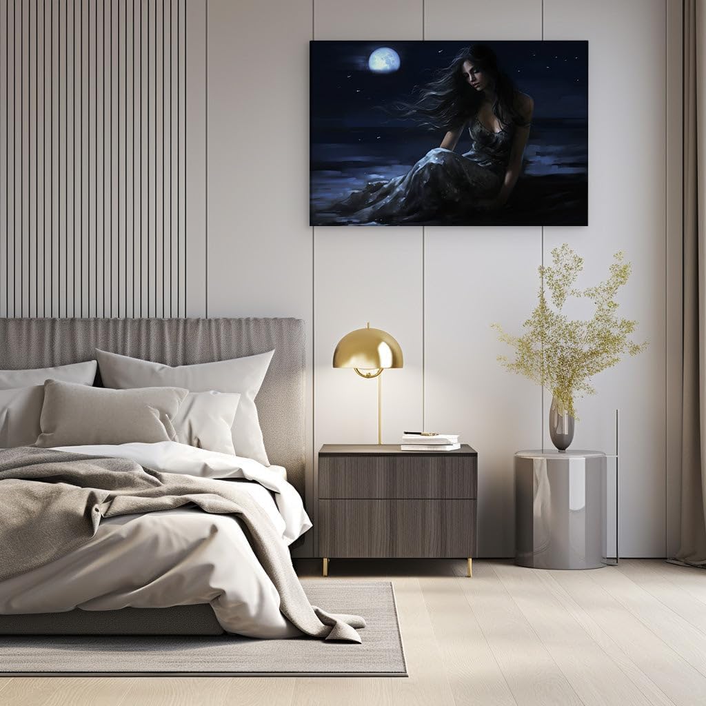 Canvas for Living room. Moonlit Serenity: A Portrait of Nocturnal Peace, 27 x 18 inch Canvas Wall Art - Contemporary Masterpieces - Modern Home Decor