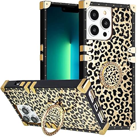 iPhone 14 Pro Case with Ring Holder, DMaos Golden Reflective Fashion Design for Women, Bling Diamond Kickstand, Premium for iPhone14 Pro 6.1'' - Leopard Cover
