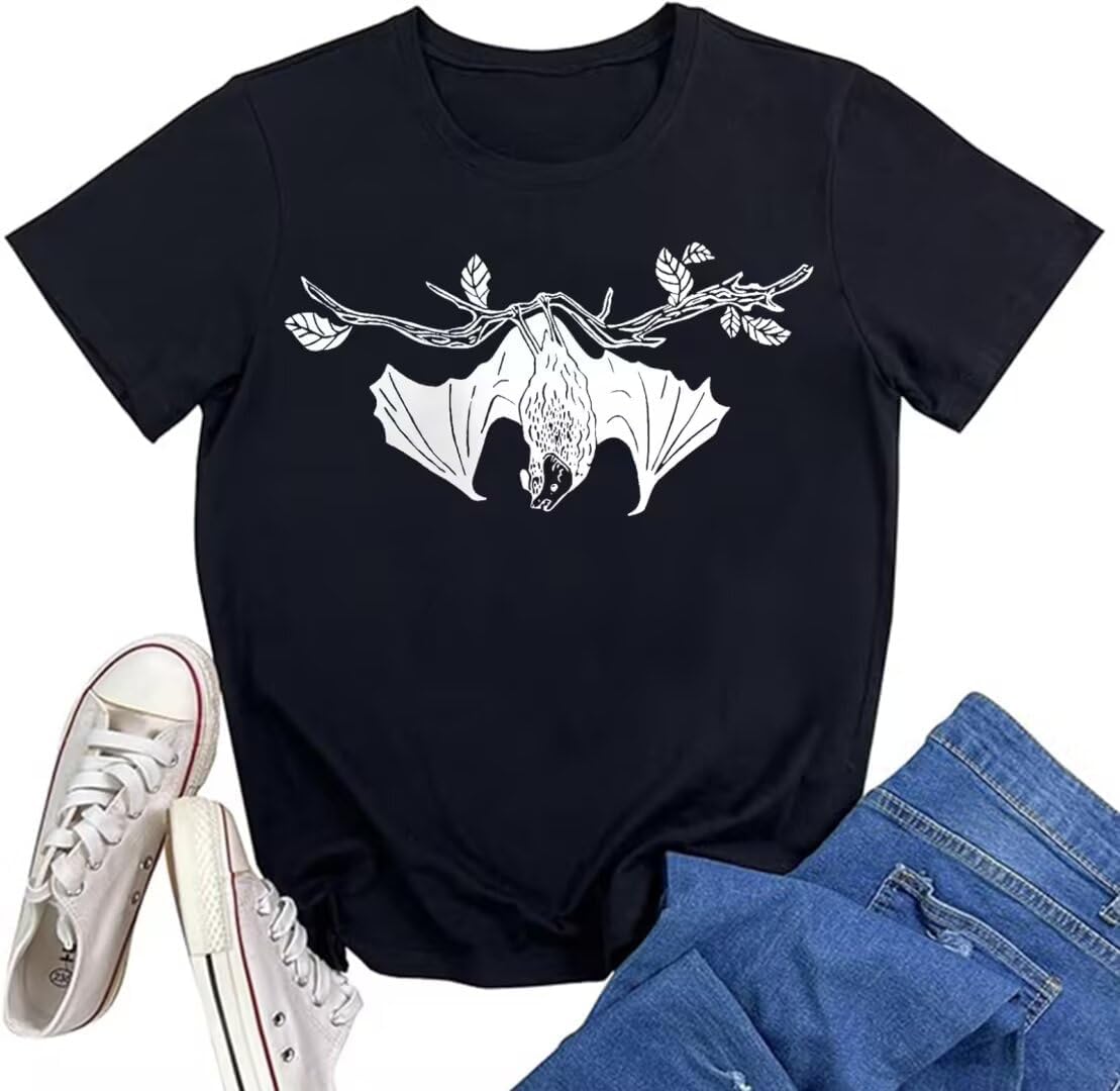 Funny Graphic T Shirt for Women Cute Skull Bat Printed Short Sleeve Vintage Inspired Tee Tops