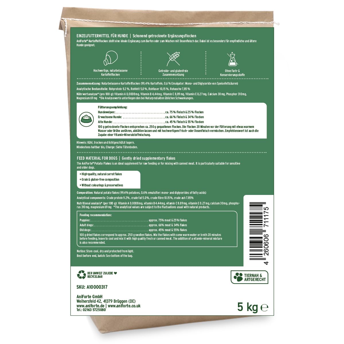 AniForte Kartoffelflocken Hund 5 kg - Natürlicher BARF Zusatz für Hunde, Einzelfuttermittel, Gemüseflocken für Hunde, Barffutter