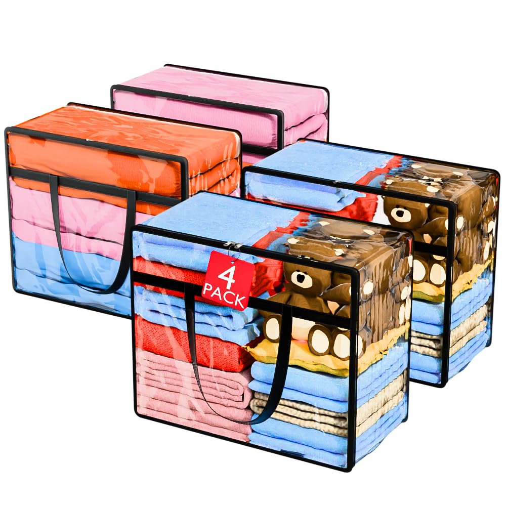 4 Pack Clear Plastic Storage Bags | 40L Foldable Clothing Storage Boxes with Zip & Handles | Plastic Moving Bags & Containers| Stackable Closet Wardrobe Organizer for Bedding, Duvets, Toys & Comforter