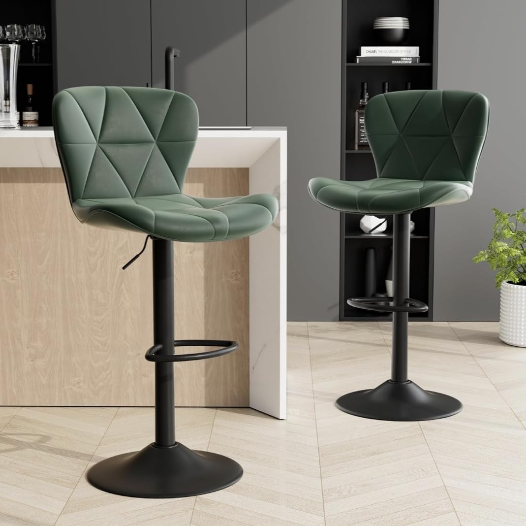 Set of 2 Bar Chairs PU Leather Counter Height Barstool with Back, Height Adjustable & 360 Degree Swivel Counter Chair (2, Green)-picture-18