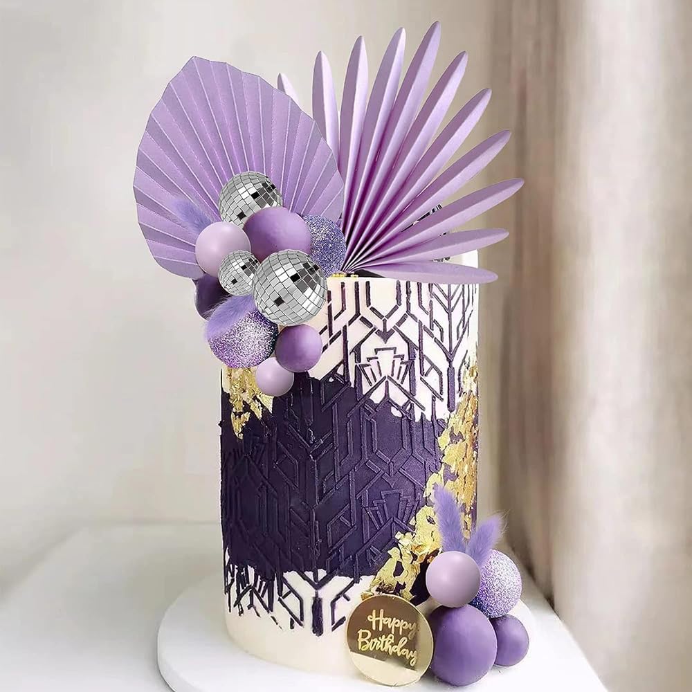 Valicaer Sfera da discoteca decorazione per torta, 38 pezzi, topper per torte, viola, palline, foglie di palma, decorazioni per torte, mini topper