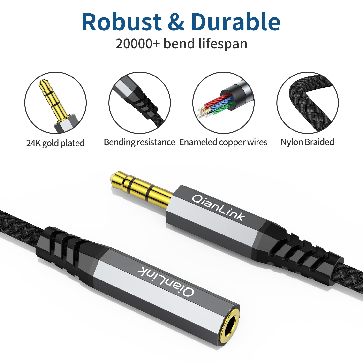QianLink Kopfhörer-Verlängerungskabel, 2 m, 3,5 mm Verlängerungskabel, Audio-Stecker auf Buchse, AUX-Adapter, HiFi-Sound, Stereo-Extender, TRS-Kabel für Headset, iPhone, iPad, Smartphones, Tablets,