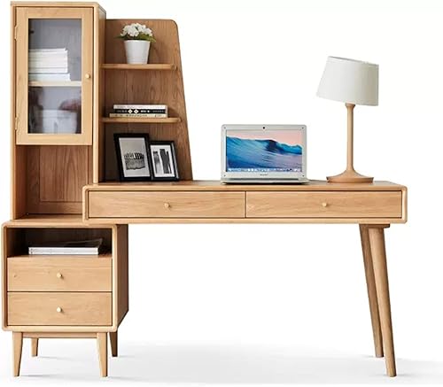 Escritorio de oficina 3 en 1 de madera maciza con gabinete y estantería, escritorio de computadora de oficina en casa con cajón, para sala de estar,