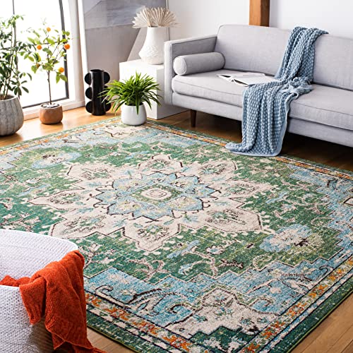 SAFAVIEH Area Rug 9x12 - Madison Collection - Large - Green & Turquoise, Boho Chic Distressed Medallion Design, Non-Shedding & Easy to Clean, Ideal for Living Room, Bedroom, Dining Space (MAD473Y)