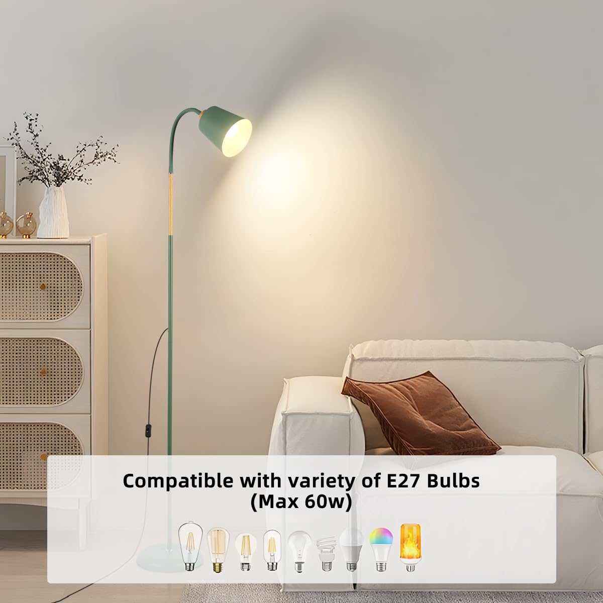 ANTENLICHT Lámpara de lectura de pie E27, casquillo máx. 60 W, lámpara de pie giratoria para salón, dormitorio, estudio, lámpara de pie nórdico con altura de 159 cm, verde (Sin bombilla)