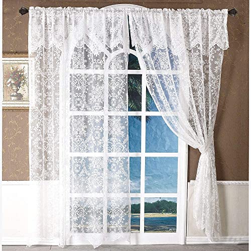 WUBODTI 84 Inch White Lace Curtains with Valances Attached 2 Panels, Floral Embroidered Semi Sheer...