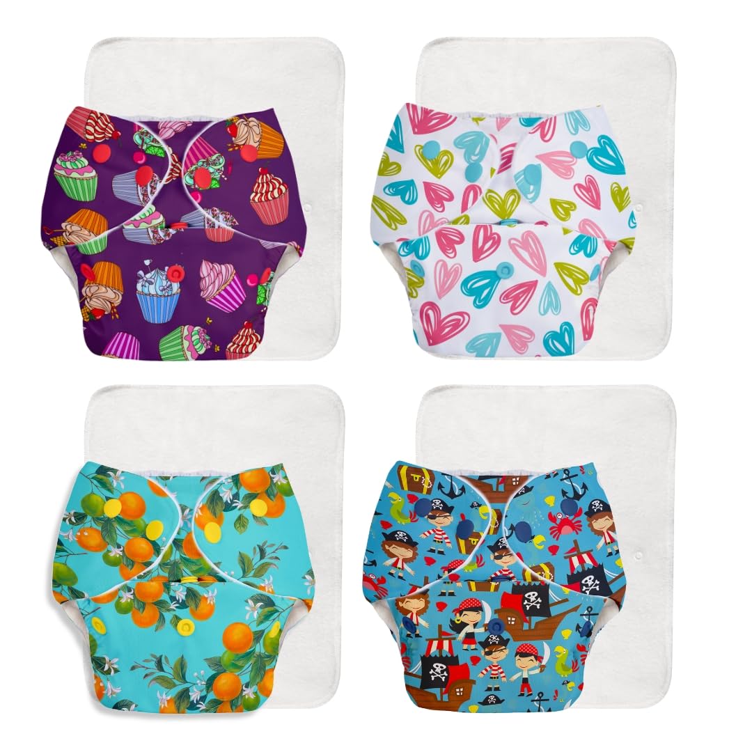 SuperBottoms BASIC - Pack of 8 (4 Shell + 4 Insert) Soft Fleece Lined Freesize Adjustable and Reusable Cloth Diaper for babies 0-3 Years | Cloth Diaper for babies with inserts - ASSORTED PRINTS (Option1)-image-28