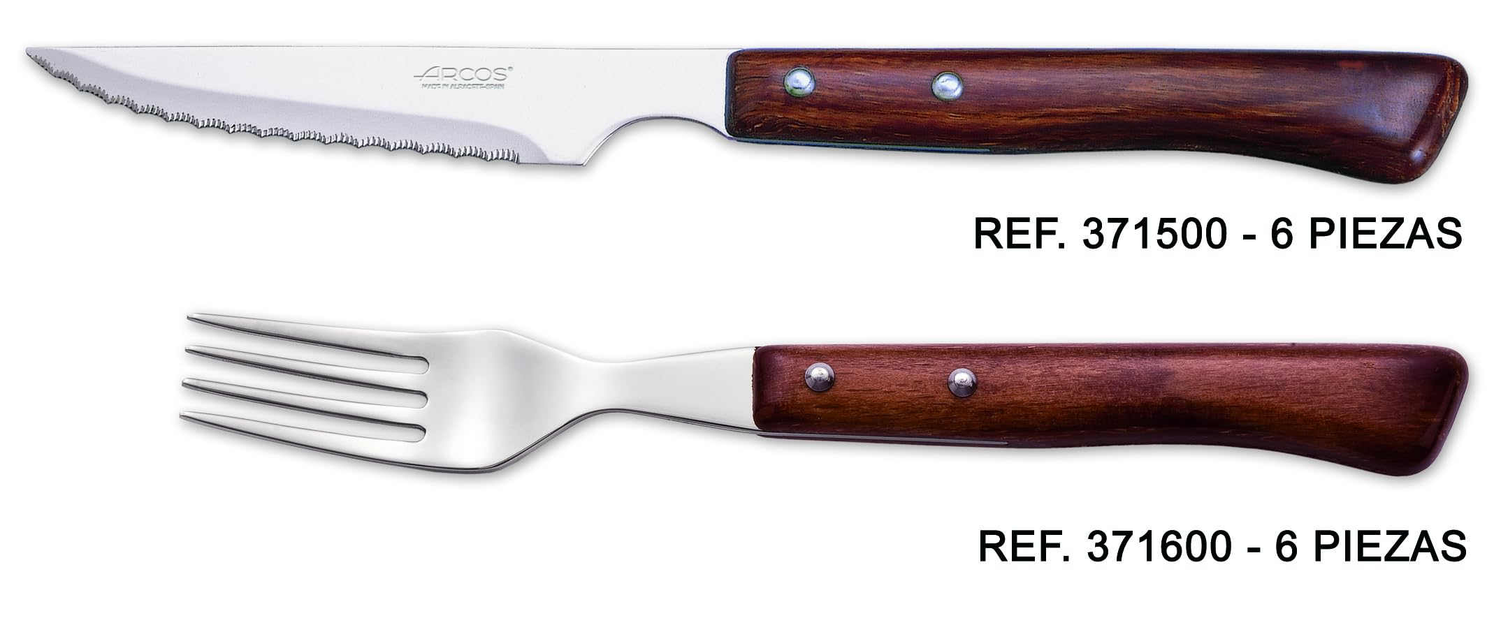 Arcos Set di Posate per Tavola in Acciaio Inossidabile – 6 Coltelli da Bistecca e 6 Forchette con Manico in Legno di Faggio – Marrone, Serie Mesa