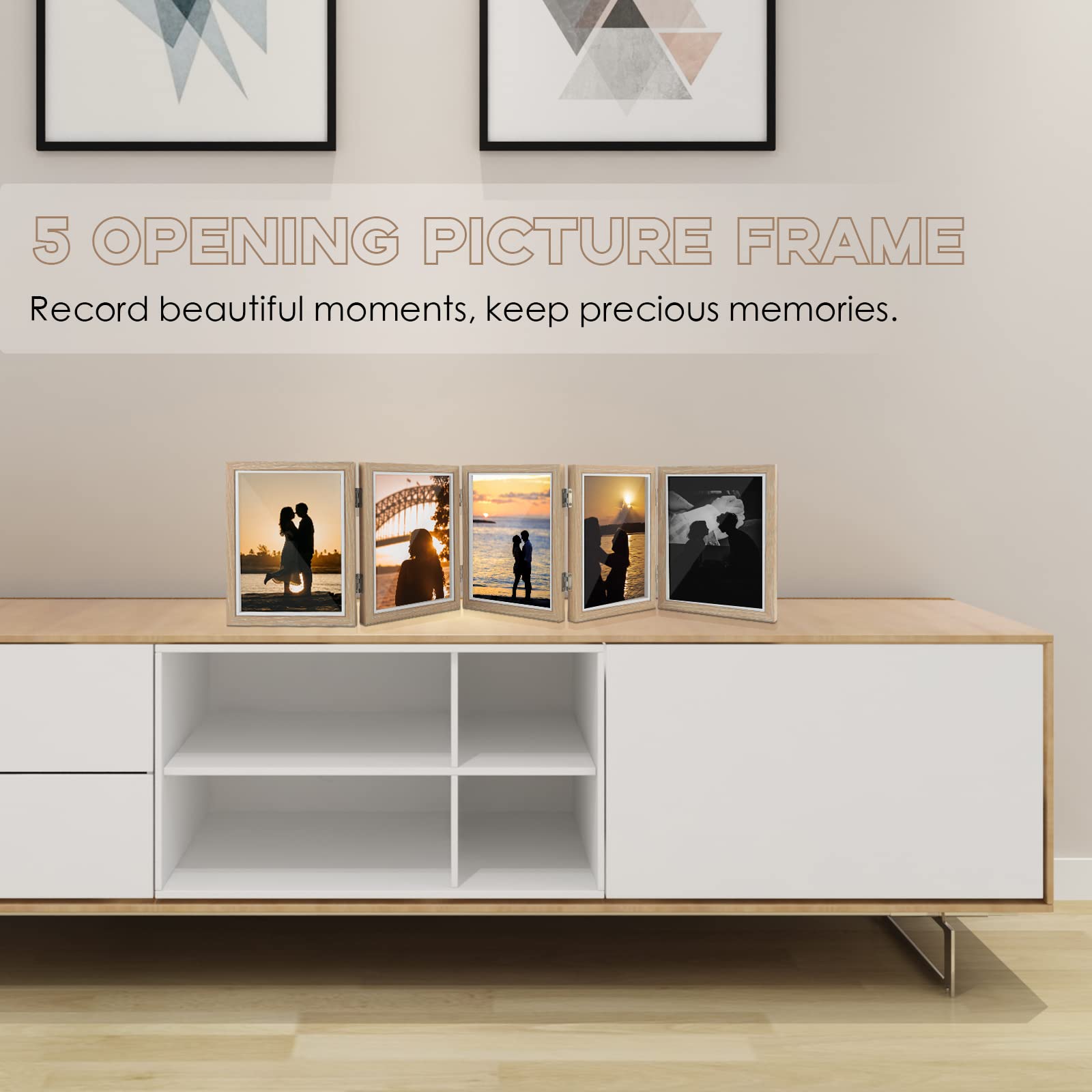 5 Hinged Picture Frame, 5" x 7" Folding Photo Frame with High Definition Acrylic, Wood Made Family Picture Collage Desk Decor - Image 2