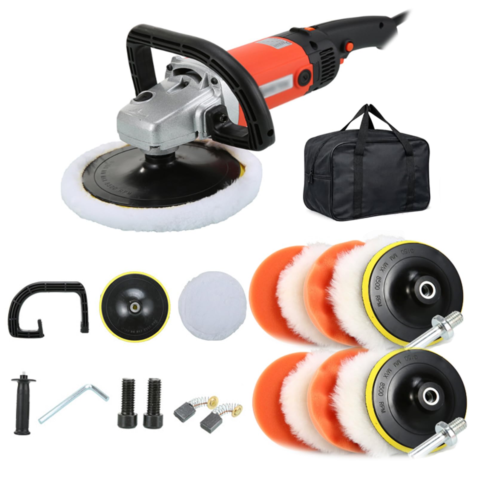 Pulidoras rotativas, pulidora y kit de pulidoras para automóviles de 1400 W, 8 controles de velocidad variable con almohadillas de 7 pulgadas para pulir, abrillantar, encerar y lijar automóvil orange