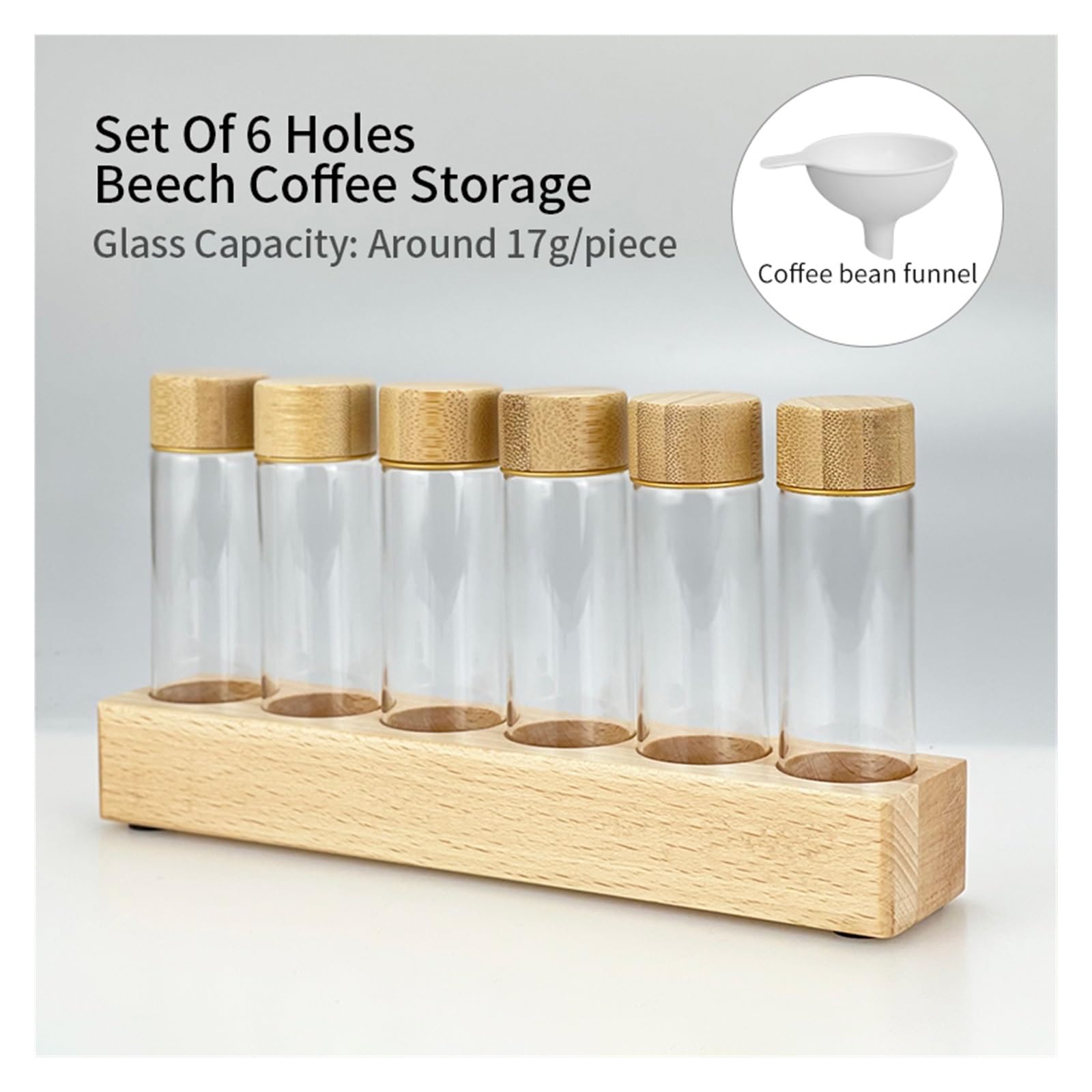 Tubo per chicchi di caffe, contenitore in vetro con imbuto KH-001 | Tubo monodose da 17g o 22g, base in noce, set in due pezzi, 6 o 12 fori(6 holes 17g Beech)