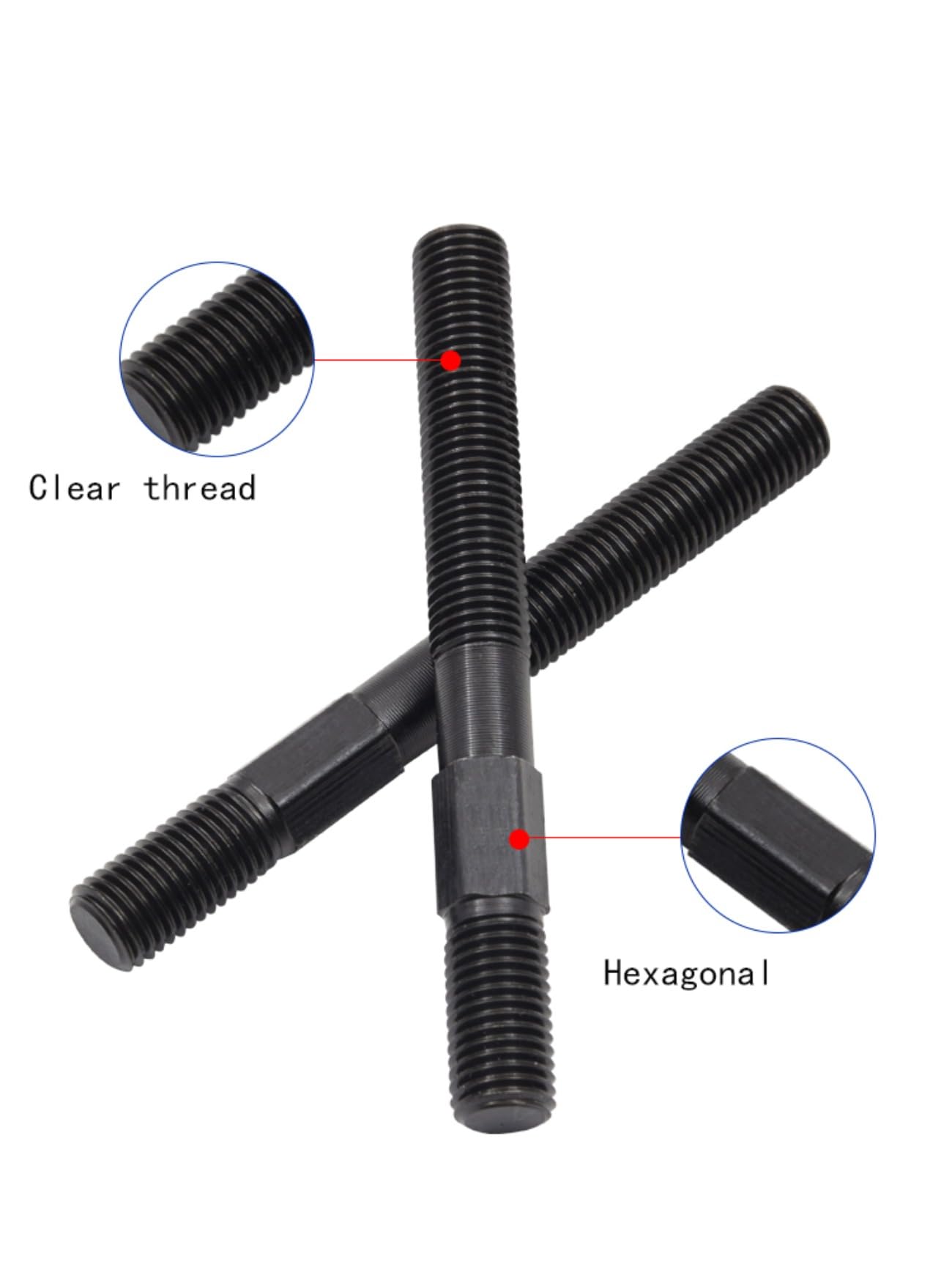 (1 PZ) Nero Acciaio Al Carbonio Medio Esagonale Doppia Testa Filettatura Palo M24x300mm.