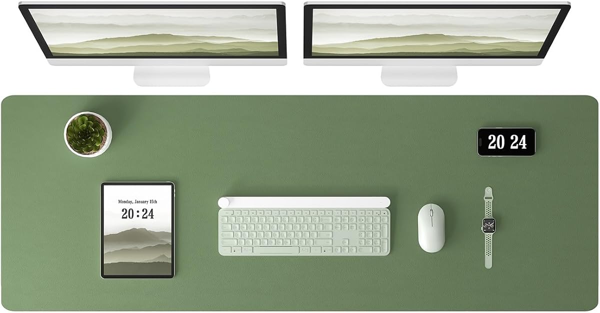 Leather Desk Pad Protector - Large Mouse Pad, Office Desk Mat, Non-Slip PU Leather Desk Blotter, Laptop Desk Pad, Waterproof Desk Writing Pad for Office and Home (Olive Green, 38" x 13.7")