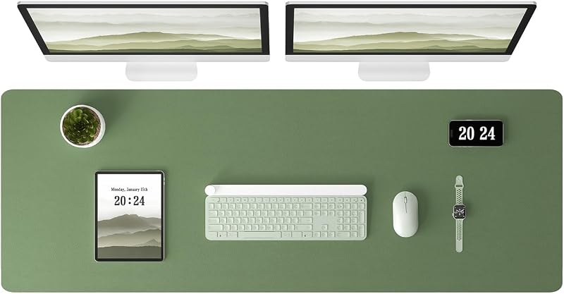 Leather Desk Pad Protector - Large Mouse Pad, Office Desk Mat, Non-Slip PU Leather Desk Blotter, Laptop Desk Pad, Waterproof Desk Writing Pad for Office and Home (Olive Green, 38" x 13.7")