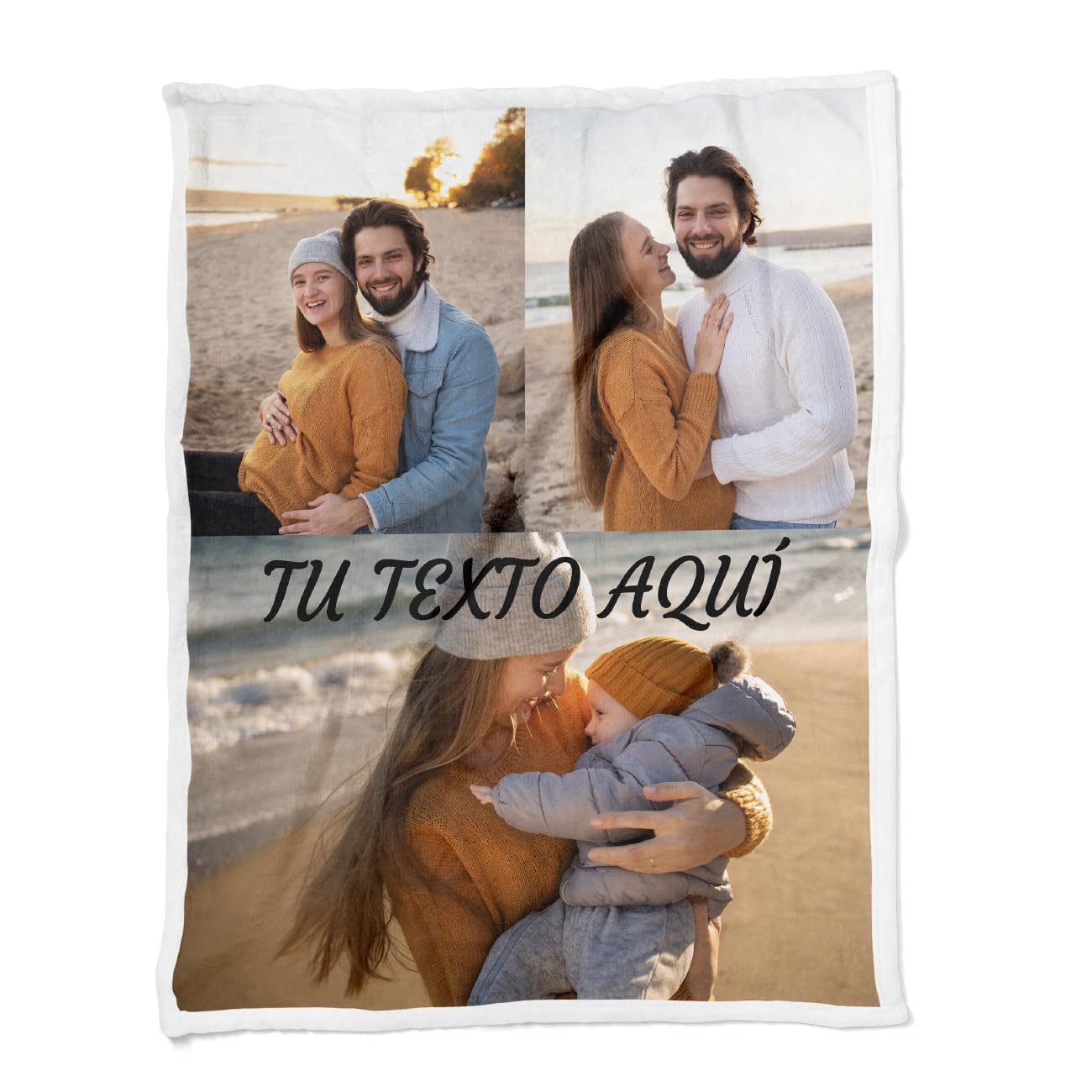 Manta Personalizada con Foto y Texto. Manta Collage. Manta sofá y Cama. Regalo Original de Navidad, cumpleaños, Aniversarios, San Valentín, papá, mamá, Regalo para Parejas. (3 Fotos, 105x75)