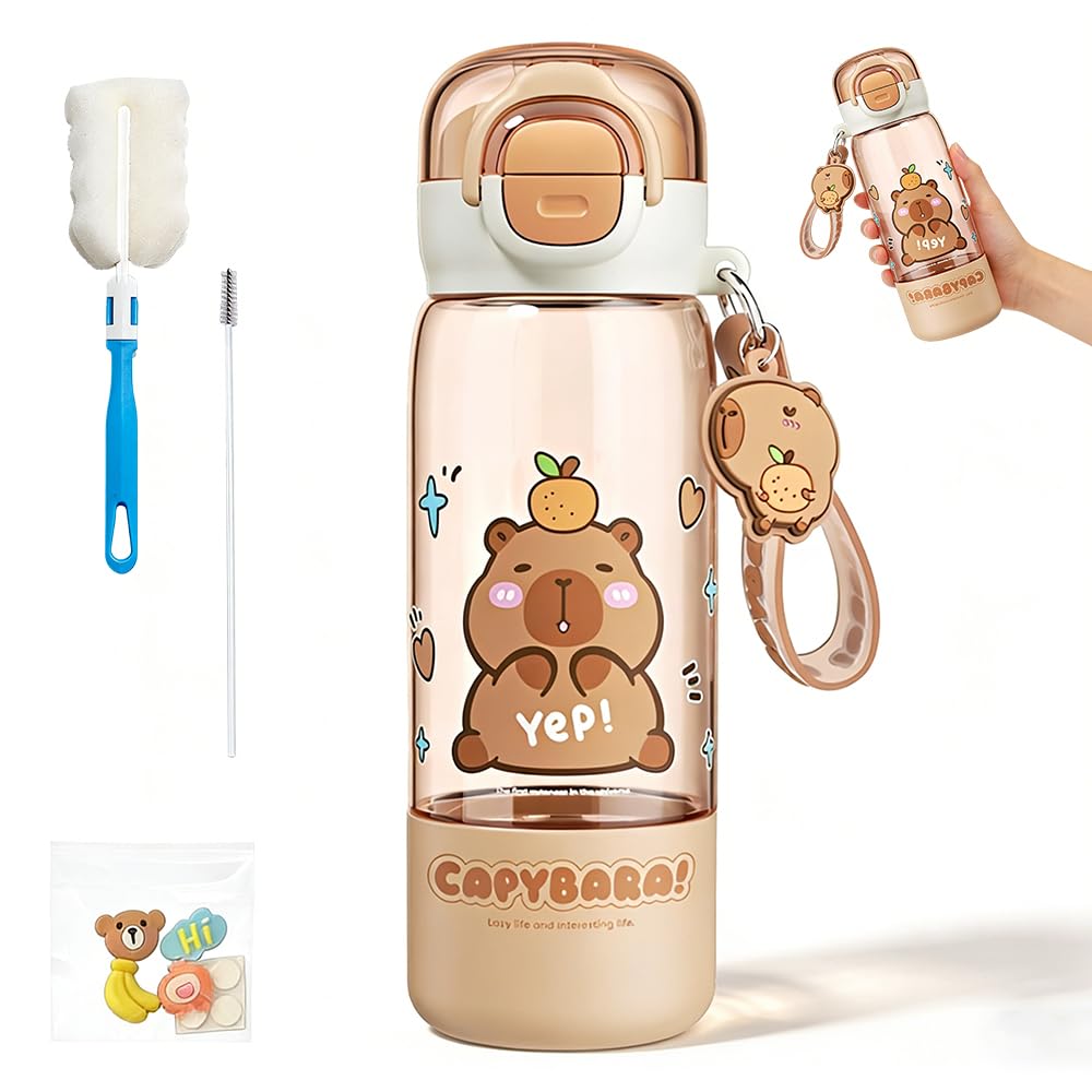 SGZIOO Capybara Water Bottle, 510ml Capybara Drinking Bottle With Lid & Keychain, Cute Water Bottle with Silicone Straw, Heat Resistant, Portable Kids Water Bottle for Office Outdoor Travel School