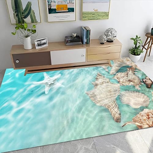 Alfombra de área con diseño de playa y estrellas de mar para dormitorio, sala de juegos, sala de estar, lavable, suave y bonita, alfombra de comedor