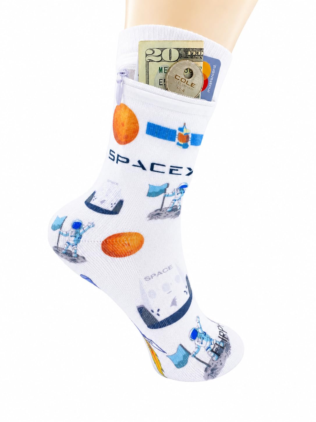 Zipper Sock Wallet - Cotton &amp; Polyester Zipper Socks with Pockets - Fits shoe size 6-13