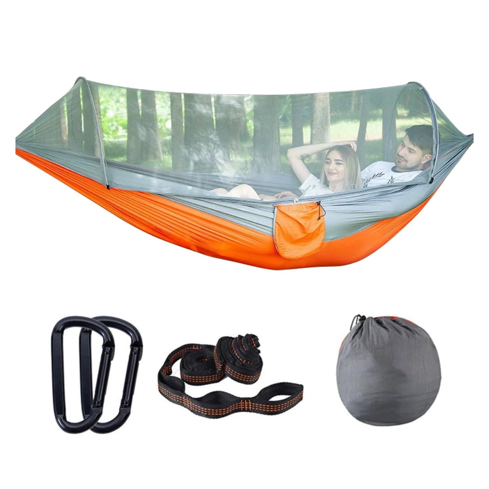 Rrypbovg 290X140cm Grey Hammock Outdoor 1-2 People Automatic Quick-Opening Net Hammock Outdoor Camping Pole Hammock Swing Anti-Rollover Nylon Rocking Chair(290X140cm Grey)