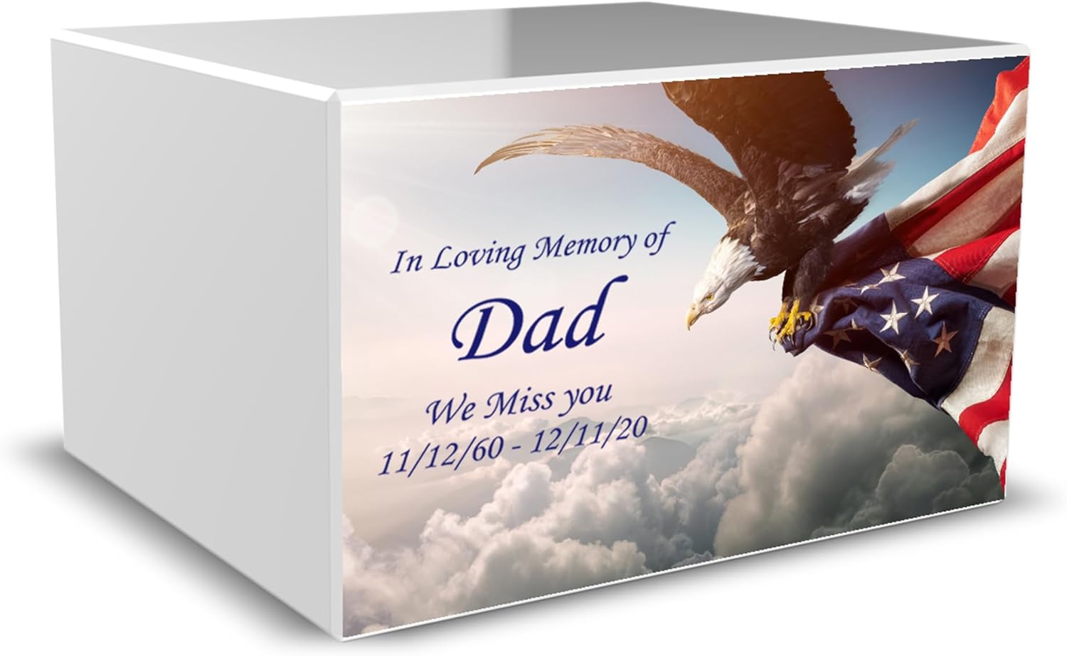 GetUrns – White Wooden Urn Cremation Box, Heritage Crematory Urns Adult Size, Custom Printed Cremation Urns for Burial, Boxes for Ashes of Humans, American Eagle, 213 Cubic Inches