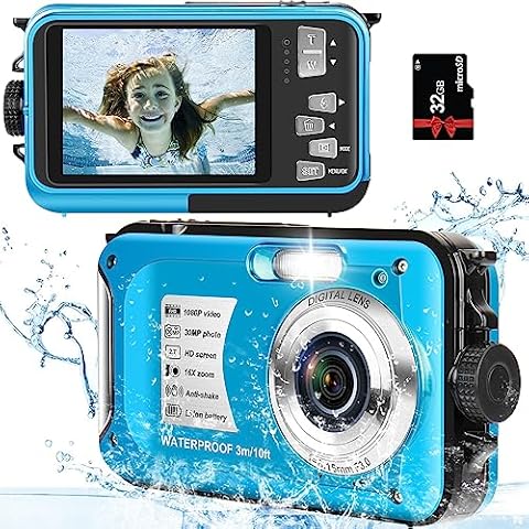 Underwater Camera with 32GB Card Waterproof Camera 10FT 30MP FHD 1080P Compact 16X Digital Zoom Underwater Kids Digital Camera for Snorkeling, Blue Cover
