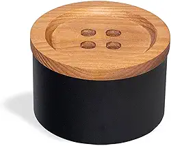 Geguton - Caixa Costura Botão - Aço sem Divisórias e Tampa de Madeira - Organização e Decoração - Preto Fosco e Madeira Pinus