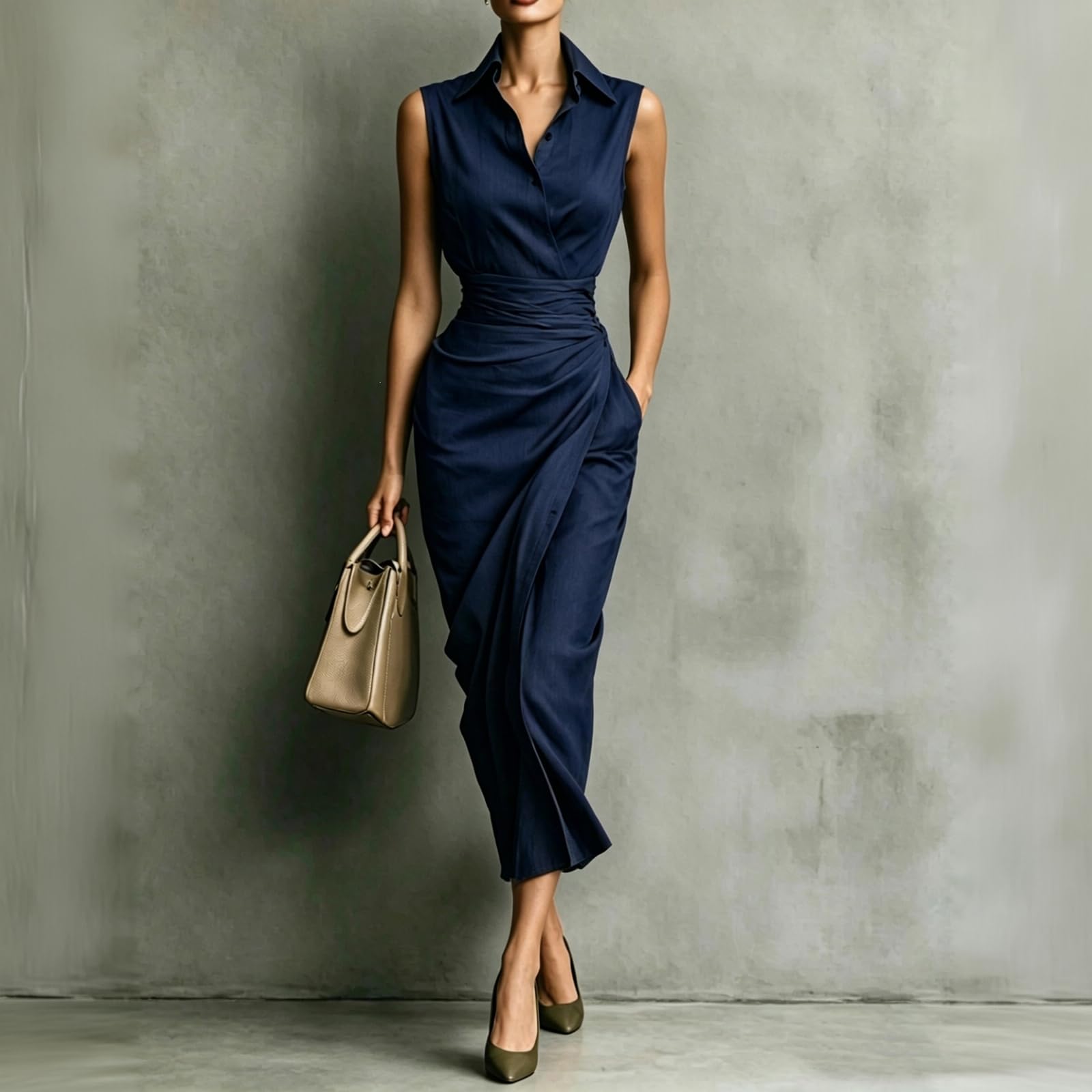 Vestido Midi Entallado para Mujer Mangas con Diseño Asimétrico Drapeado